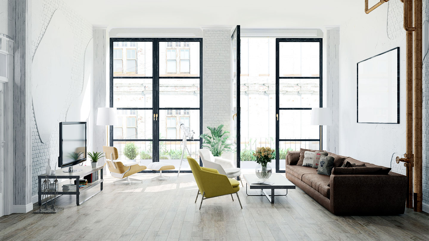 Living amplio y luminoso con grandes ventanales